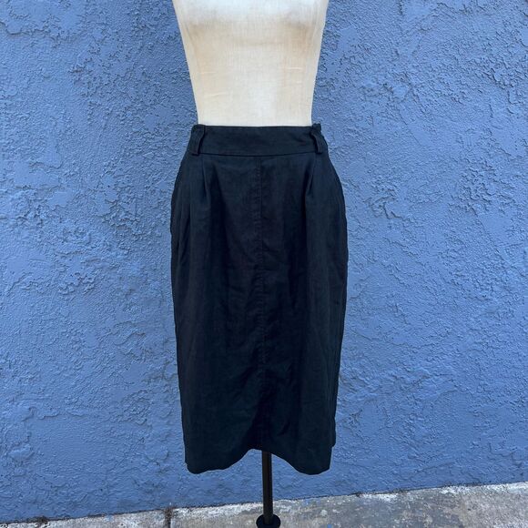 Vintage Black Linen Pencil SKirt Minimalist Midi in Medium Size S 27 waist - Picture 3 of 9